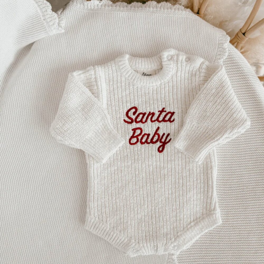Santa Baby Long Sleeve Knit Romper – Size 1 Year -holiday outfit, baby clothes